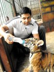 My son with a tiger cub, can't stop smiling